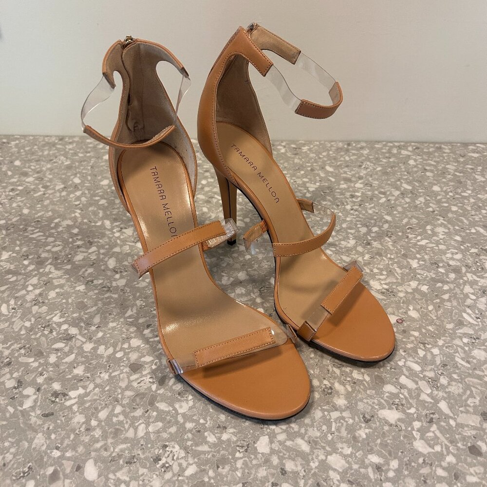 Tamara Mellon Tan Leather and Clear-Trim Stiletto Sandals
